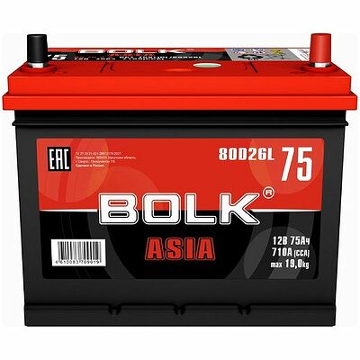 Bolk EFB ASIA BEFBA 75-3-L 75 А/ч 730 А (EN), прямая полярность, корпус D26, 260×175×225 мм