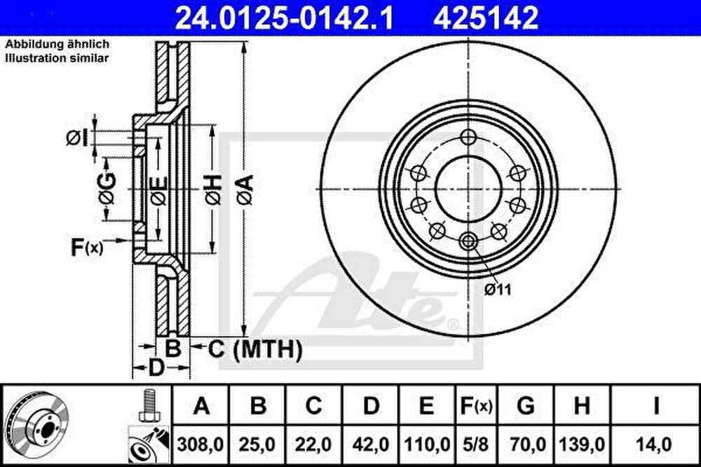 ATE 24.0125-0142.1 Диск торм. пер. Opel Astra, Zafira, Saab