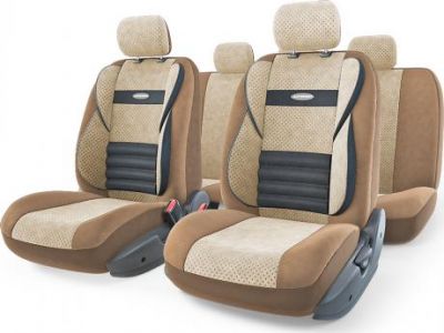Авточехлы COMFORT COMBO, мультиконтурные, поддержка спины + поддержка плеч + поясничный упор. форм. велюр, 11 предм., карман, 6 молний, т.беж./св.бежевый, разм. М, ,, 1/5