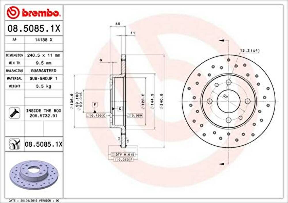 BREMBO Диск тормозной задн, ALFA ROMEO: 145, 146 94-01 FIAT: 500 07-, BRAVA, BRAVO 95-03, MAREA 96-07, PUNTO 93-99, 99- FORD: KA 08- (08.5085.1X)