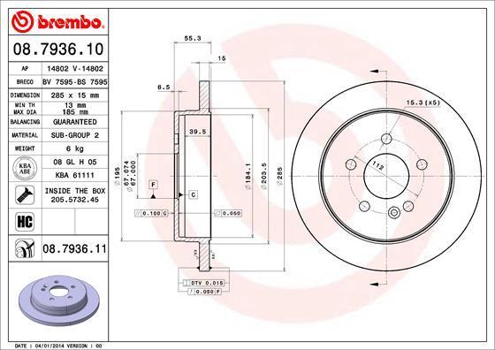 BREMBO Диск тормозной MERCEDES W163 230-430 98-08.00 задний D=285мм. (заменен на 08.7936.11) (562100, 08.7936.10)