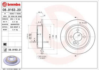 BREMBO Диск тормозной MINI: MINI 1.4/Cooper/Cooper S/John Cooper Works/One/One D/Works 01-06, MINI Cooper/Cooper D/Cooper S/Cooper SD/One/One D 06-, MINI CLUBMAN Cooper/Coo (08.9163.20)