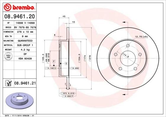 Brembo 08.9461.21 тормозной диск на NISSAN PRIMERA Hatchback (P12)