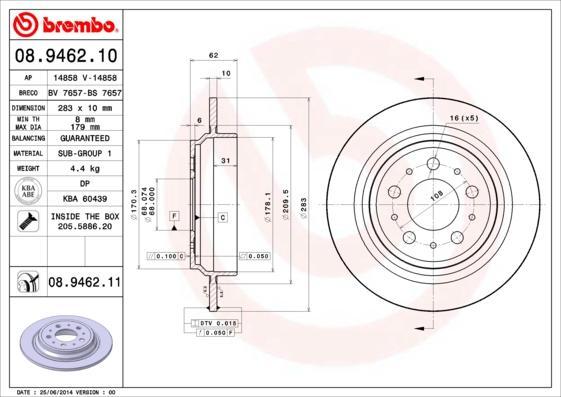 Brembo 08.9462.11 тормозной диск на VOLVO V70 I (LV)