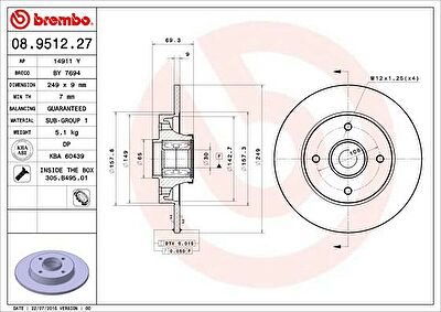 BREMBO Диск тормозной зад. (с подшипником) PSA C4/207/308 1,4-2,0L 06-> (424966, 08.9512.27)