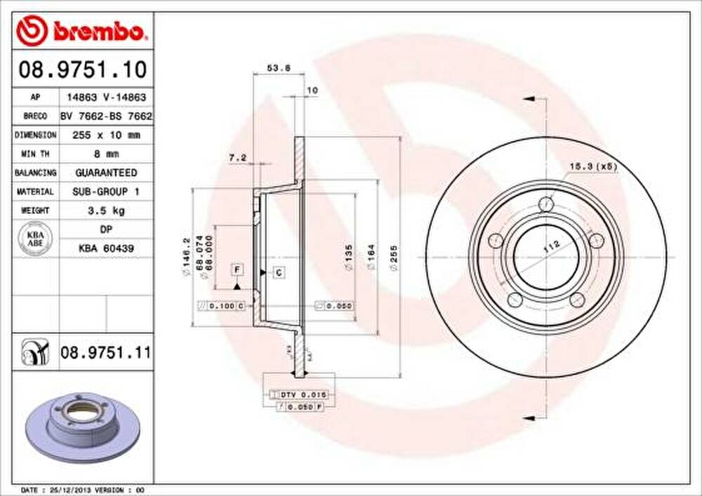 Brembo 08.9751.10 тормозной диск на AUDI A6 (4B2, C5)