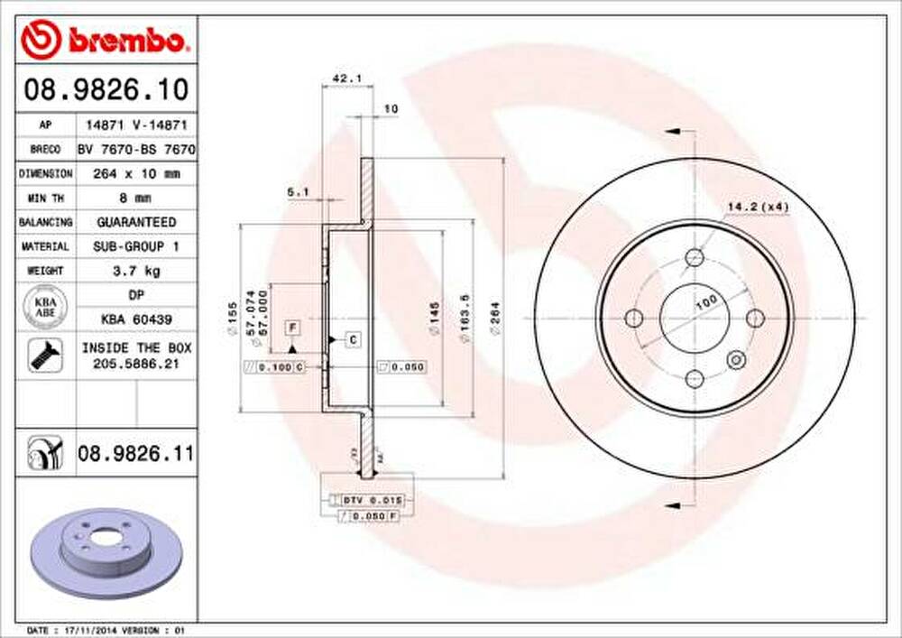 Brembo 08.9826.11 тормозной диск на OPEL COMBO Tour