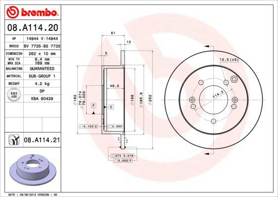 Brembo 08.A114.21 тормозной диск на KIA SPORTAGE (JE_, KM_)
