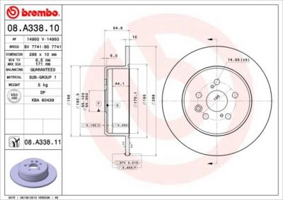 BREMBO Диск тормозной не вент. задний TOYOTA AVENSIS Station Wagon (_T22_) (09/97-02/03) R (4243120430, 08.A338.10)