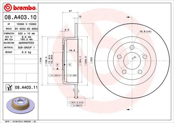 Brembo 08.A403.11 тормозной диск на CHRYSLER 300 C Touring (LX)