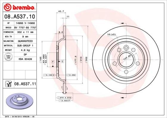 BREMBO Диск тормозной не вент. задний VOLVO XC70 II (08/07-) R (заменен на 08.A537.11) (30769059, 08.A537.10)