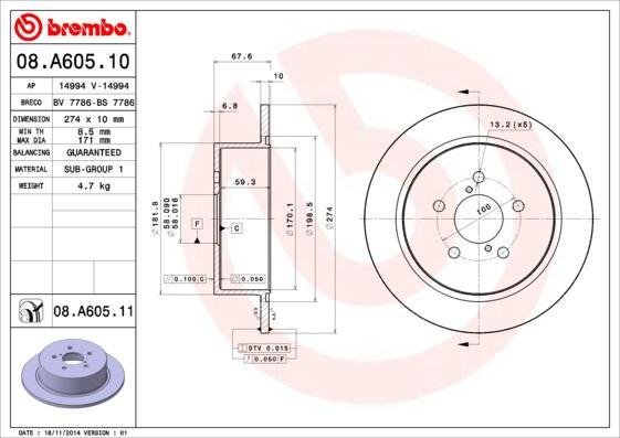 Brembo 08.A605.11 тормозной диск на SUBARU LEGACY IV универсал (BL, BP, B13_)