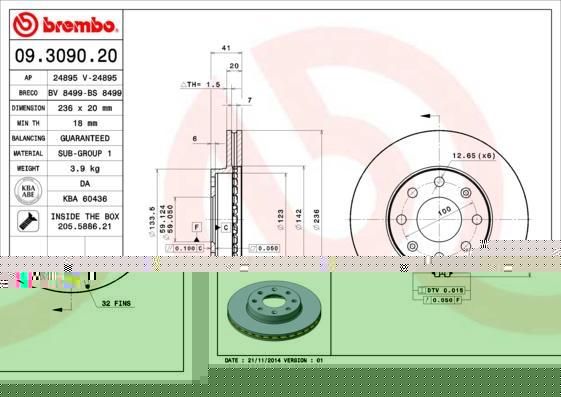 Brembo 09.3090.21 тормозной диск на CHEVROLET AVEO Наклонная задняя часть (T250, T255)