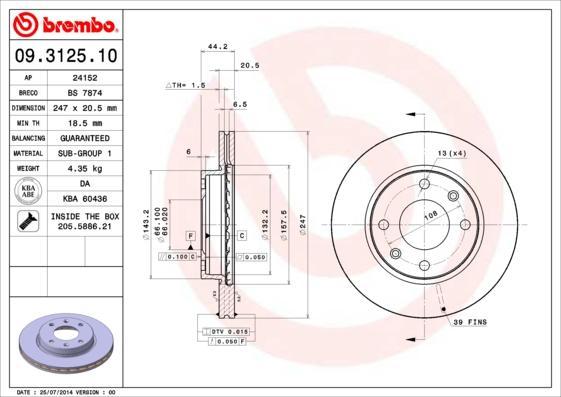 Brembo 09.3125.10 тормозной диск на PEUGEOT 205 II (20A/C)