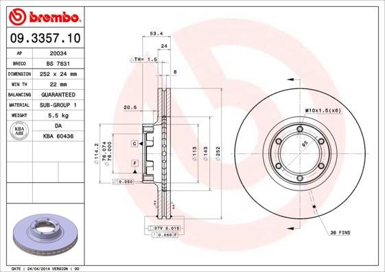 Brembo 09.3357.10 тормозной диск на RENAULT TRAFIC фургон (TXX)