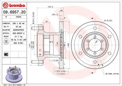 Brembo 09.6957.20 тормозной диск на IVECO DAILY II фургон/универсал