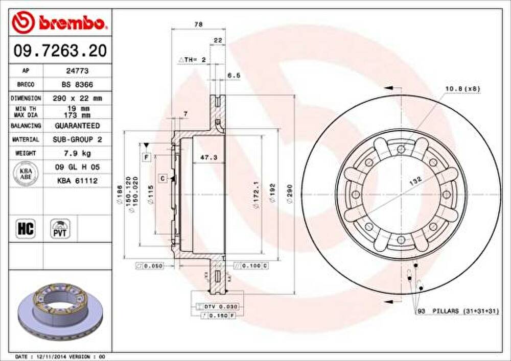 Brembo 09.7263.20 тормозной диск на RENAULT TRUCKS MASCOTT c бортовой платформой/ходовая часть