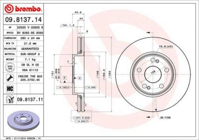 BREMBO Диск торм пер вент SCENIC 2.0 16V (77.01.206.198, 09.8137.14)