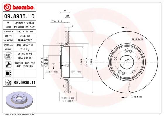 Brembo 09.8936.11 тормозной диск на RENAULT LAGUNA II Grandtour (KG0/1_)