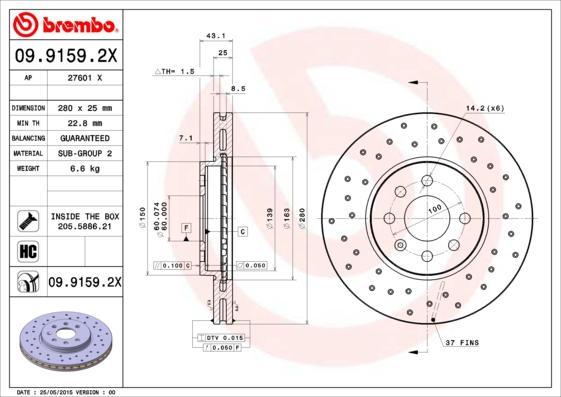 Brembo 09.9159.2X тормозной диск на OPEL ASTRA H (L48)