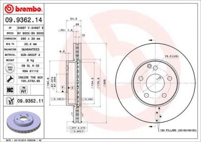 BREMBO Диск тормозной MERCEDES W211 200-320 передний D=295мм. крашенные (вместо 09.9362.14) (2114210712, 09.9362.11)