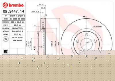 BREMBO Диск тормозной VOLKSWAGEN Multivan (T5) all models (4.03->) F (7H0 615 301 E, 09.9447.14)