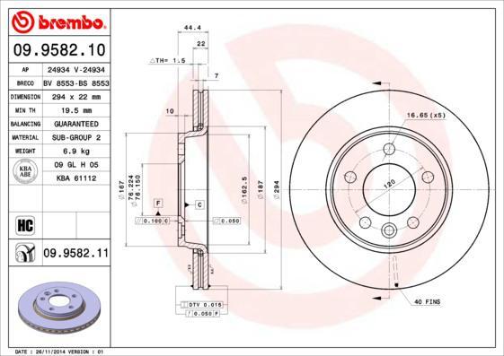 BREMBO Диск тормозной VW MULTIVAN V/TRANSPORTER V 03- задний D=294мм. (09.9582.10, 09.9582.10)