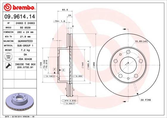 Brembo 09.9614.14 тормозной диск на PEUGEOT BOXER автобус (230P)