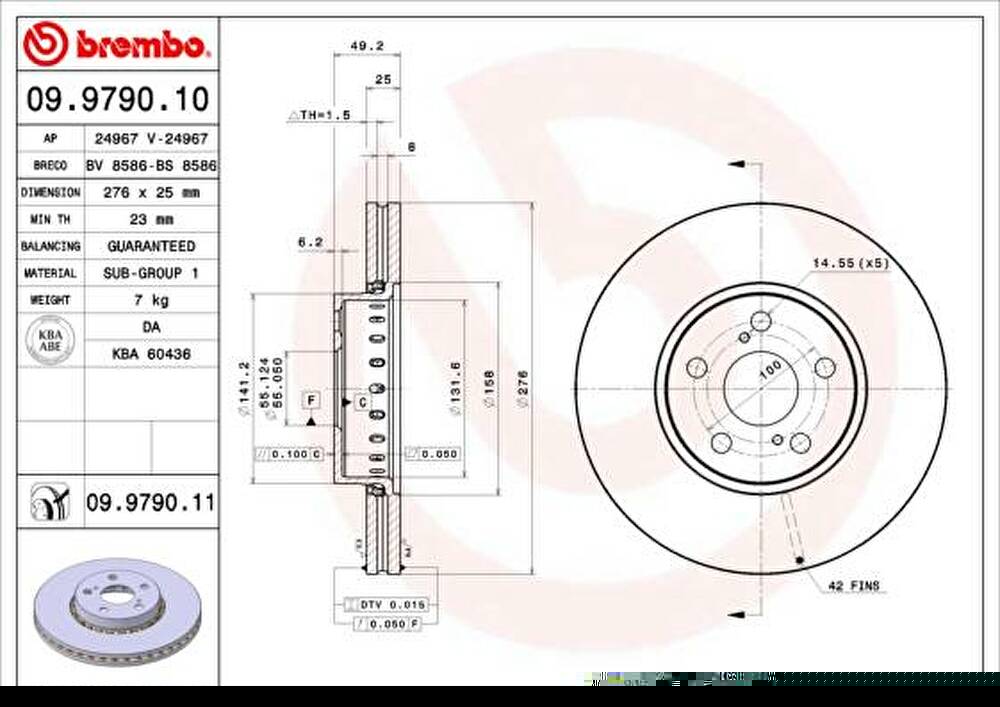 Brembo 09.9790.10 Диск тормозной TOYOTA AVENSIS 1.6-2.0 R15 07.01-02.03 передний