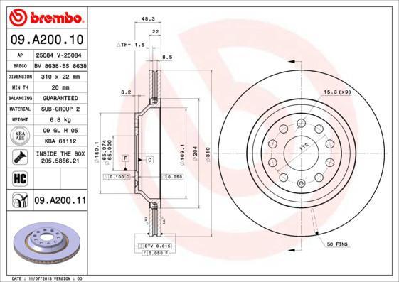 Brembo 09.A200.11 тормозной диск на AUDI A3 (8P1)