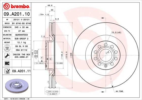 Brembo 09.A201.11 тормозной диск на AUDI A3 (8P1)