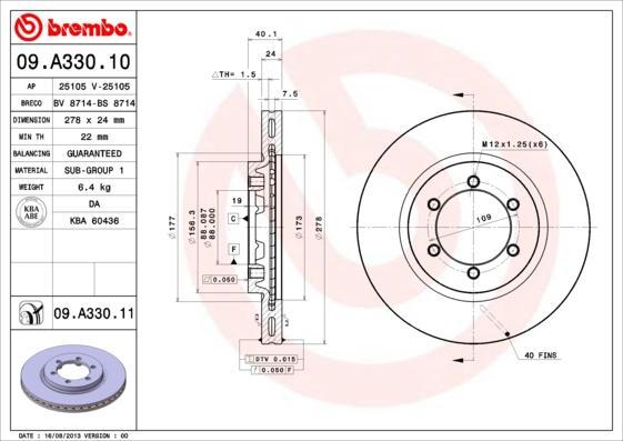 Brembo 09.A330.11 тормозной диск на SSANGYONG MUSSO (FJ)