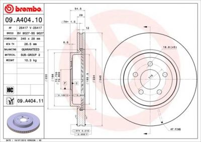 Brembo 09.A404.11 тормозной диск на CHRYSLER 300 C Touring (LX)
