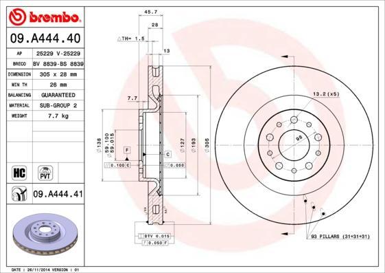 Brembo 09.A444.40 тормозной диск на FIAT DOBLO c бортовой платформой/ходовая часть (263)