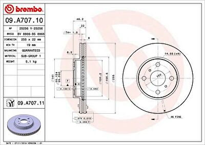 BREMBO Торм.диск пер.вент.[255x22] 4 отв.[min2] (09.A707.10)