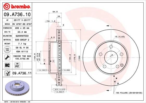 Brembo 09.A736.10 тормозной диск на MERCEDES-BENZ C-CLASS T-Model (S204)
