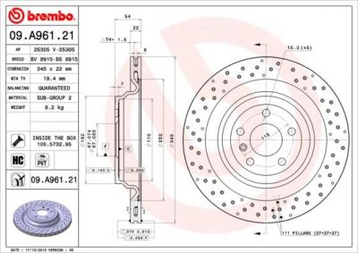 BREMBO Торм.диск зад.[345x22] 5 отв.[min 2] (09.A961.21)