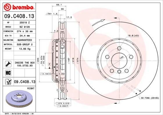 Brembo 09.C408.13 тормозной диск на 5 (F10, F18)