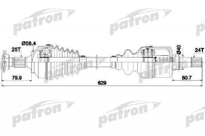 PATRON Полуось левая 25x629x58,4x24 CITROEN: BERLINGO 08-, C4 04- PEUGEOT: 307 00-, PARTNER 08- (PDS0147)