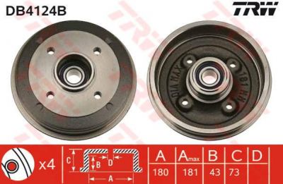 TRW DB4124B тормозной барабан на PEUGEOT 205 II (20A/C)
