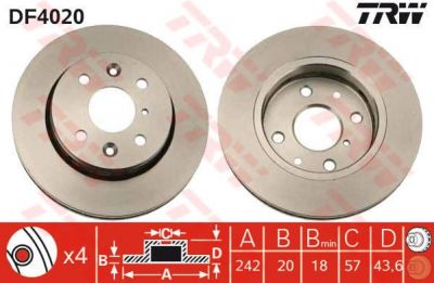 TRW DF4020 Диск тормозной перед. KIA SPECTRA SHUMA 242x20mm (0K2A133251)