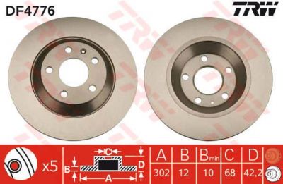 TRW DF4776 Диск тормозной AUDI A6 ALLROAD 2.7-4.2 06- задний D=302мм. (4F0615601G)