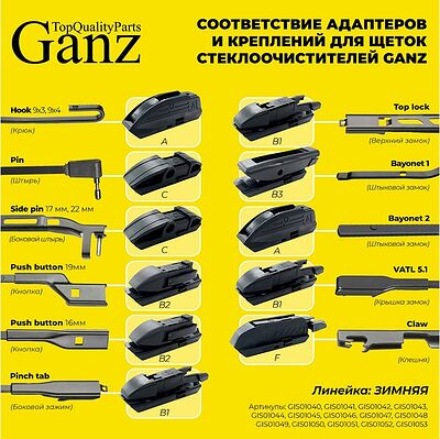 GANZ Winter GIS01040 Щетка стеклоочистителя зимняя 500 мм каркасная 1 шт (6 адаптеров)