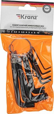 Kranz KR-12-5201 Набор ключей имбусовых HEX KRANZ 1,5-10 мм, CrV, 10 шт., оксидированные, на кольце