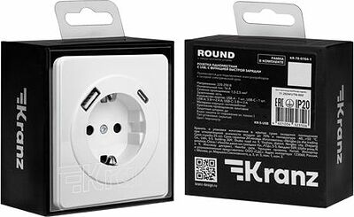 Kranz KR-78-0704-1 Розетка ROUND 1-ая с/з с/у з/ш 16А с USB A+C быстрой зарядки 5В/3А перламутр KRANZ