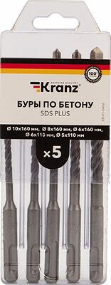 Kranz KR-91-0406 Набор буров по бетону 5-6х110х50, 6-8-10х160х100мм, 5 шт, в пластиковой коробке SDS PLUS KRANZ