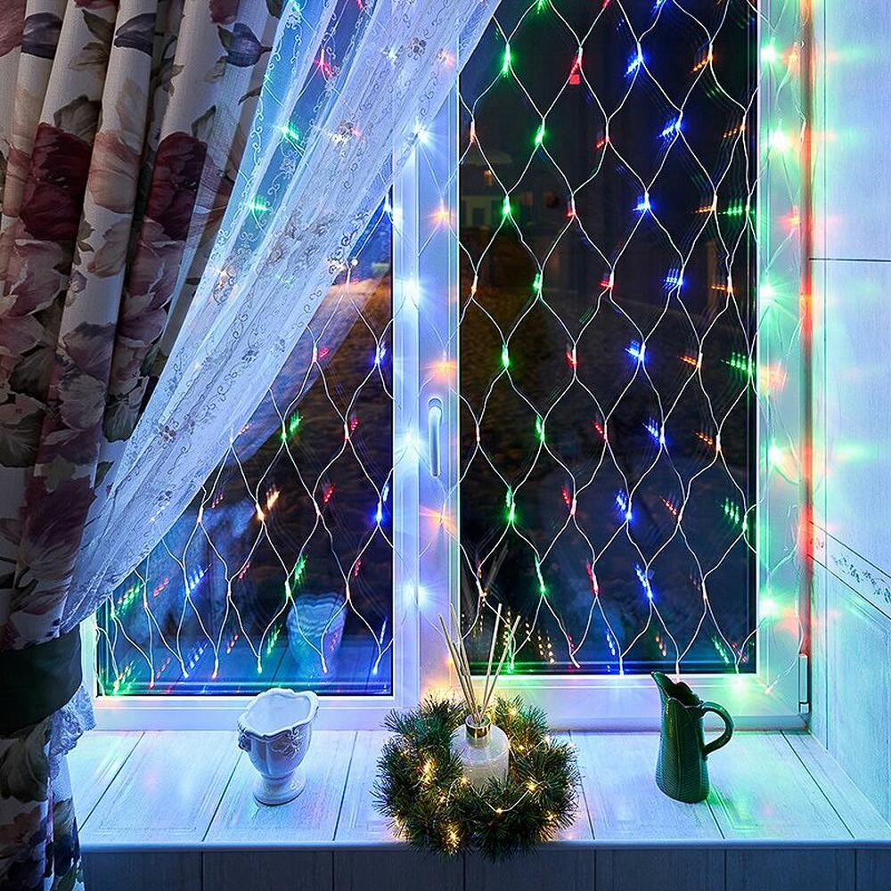 NEON-NIGHT 215-109 Гирлянда Сеть 1,5х1,5м, прозрачный ПВХ, 96 LED Мультиколор