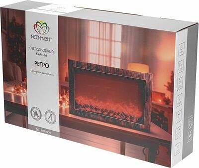 NEON-NIGHT 511-002 Светодиодный камин Ретро с эффектом живого огня 60,3х11х36,8см, работает от батареек 3хС (в комплект не входят) или от USB (в комплекте), бронзовый