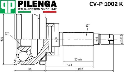 PILENGA CV-P1002K ШРУС наружный с пыльником ВАЗ 2121 Нива, 22/22 шлица, M18×1,5