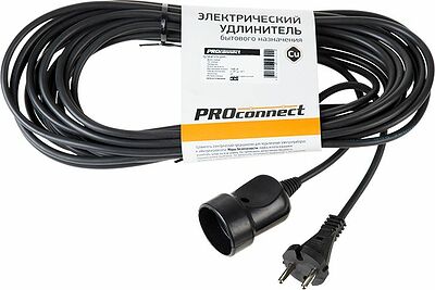 PROconnect 11-7114 Удлинитель-шнур ПВС 2х0,75, 10м, б/з, 6А, 1300Вт, IP20, черный (Сделано в России) PROconnect